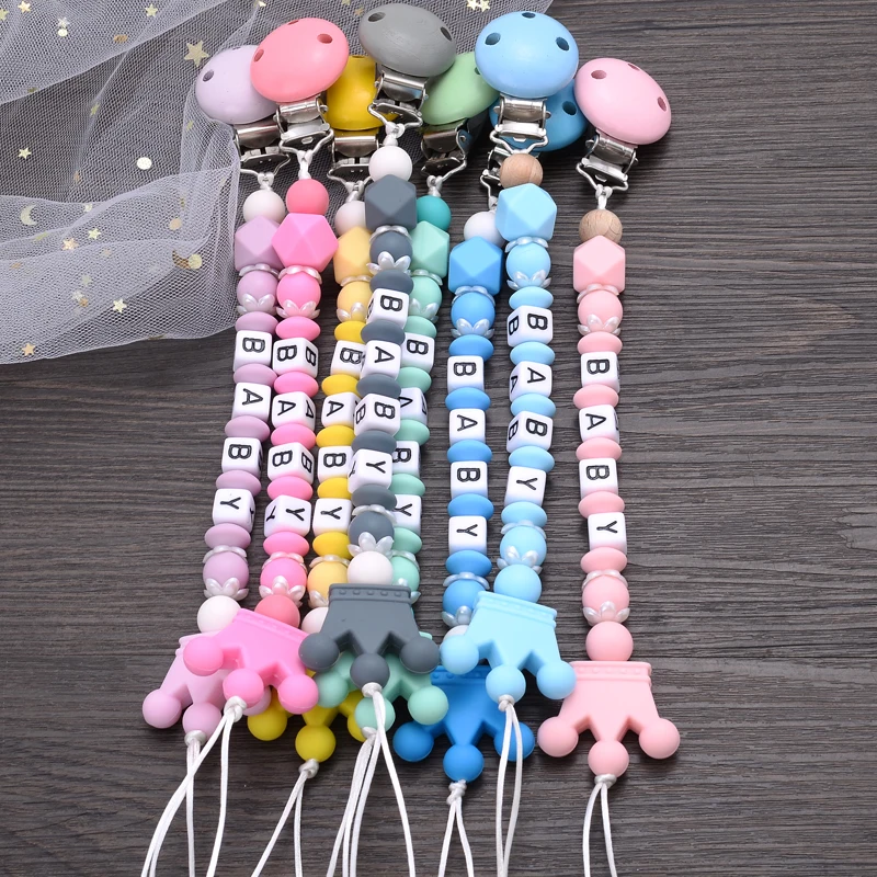 Color: light yellow - New Baby Crown Pacifier Clips Silicone Pacifier Chains Handmade Toddler Teething Chain Nipple Clip Chew Toys Not Customized