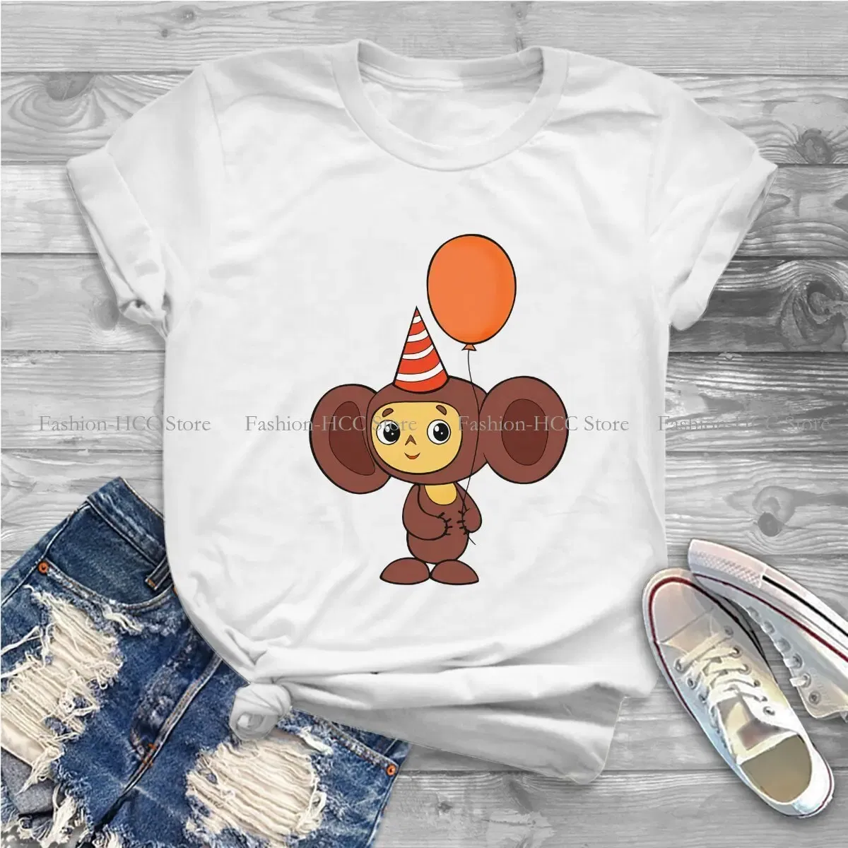 Color: WHITE, Size: S - Cheburashka Che Burashka Gena Russian Cartoon Polyester TShirts Birthday Distinctive Homme T Shirt Hipster Clothing