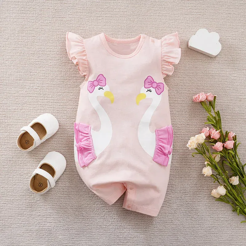 Color: Pink, Kid Size: 18M - Summer Fashion Girl Cute Cartoon Swan Cotton Comfortable Casual Sleeveless Round Neck Baby Bodysuit