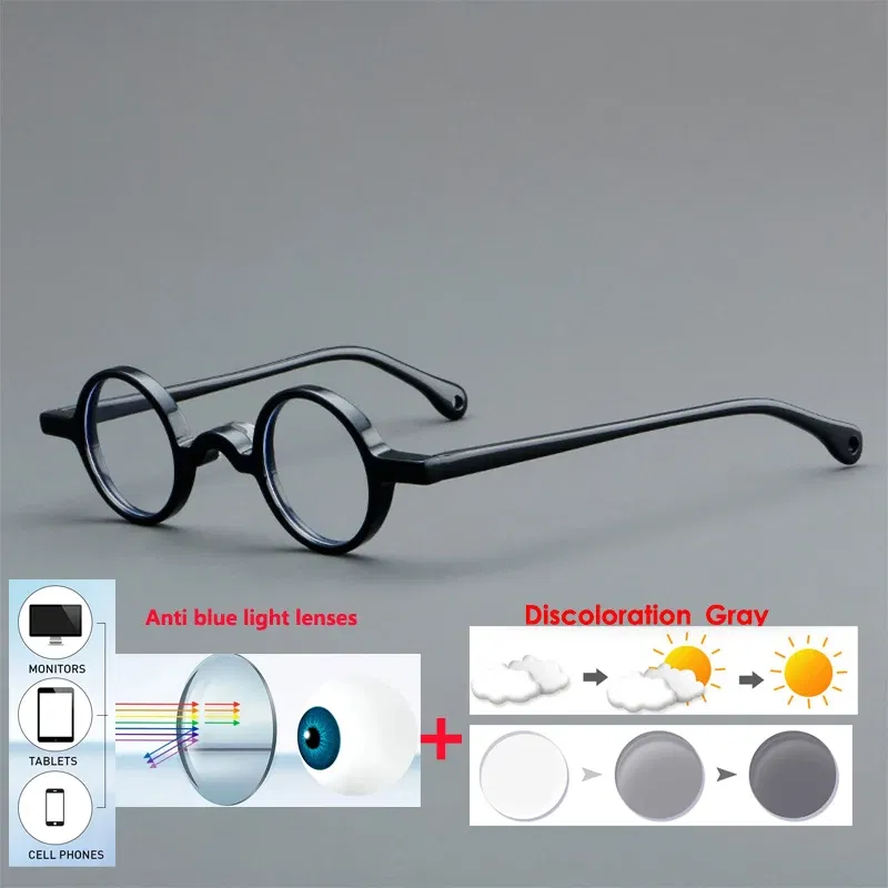 Frame Color: Black Green, Eye Prescription: +125 - VCKA Photochromic Acetate Myopia Glasses Men Retro Small Round Frames Women Custom prescription Anti-Blue Eyewear -0.5 TO -10