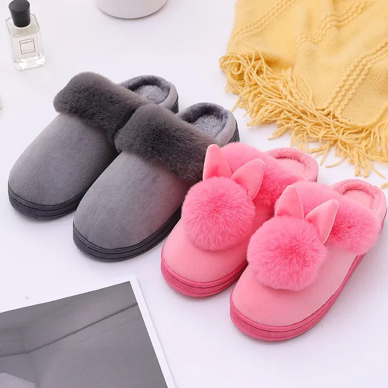 Color: black, Shoe Size: 33 - 2023 Autumn Winter Women Men Cotton Slippers Rabbit Ear Home Indoor Home Slides Warm Shoes Women'S Cute Plus Plush Slippers