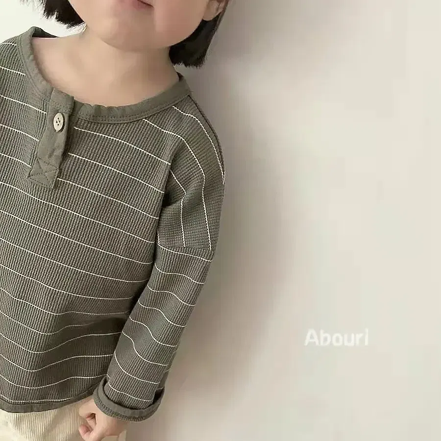 Color: Beige, Kid Size: 134 - Korean Children's Striped T-shirt 2024 Spring Boys and Girls' Long Sleeve T-shirt Bottom Shirt Baby Loose Top
