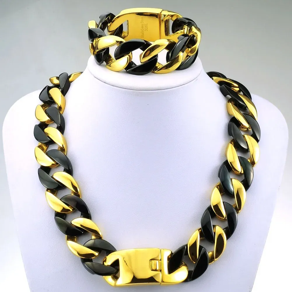 Length: 45cm, Main Stone Color: GRAY - 316L Stainless Steel and Black Tone Curb 24mm Solid Heavy Long Necklace + Bracelet Jewelry
