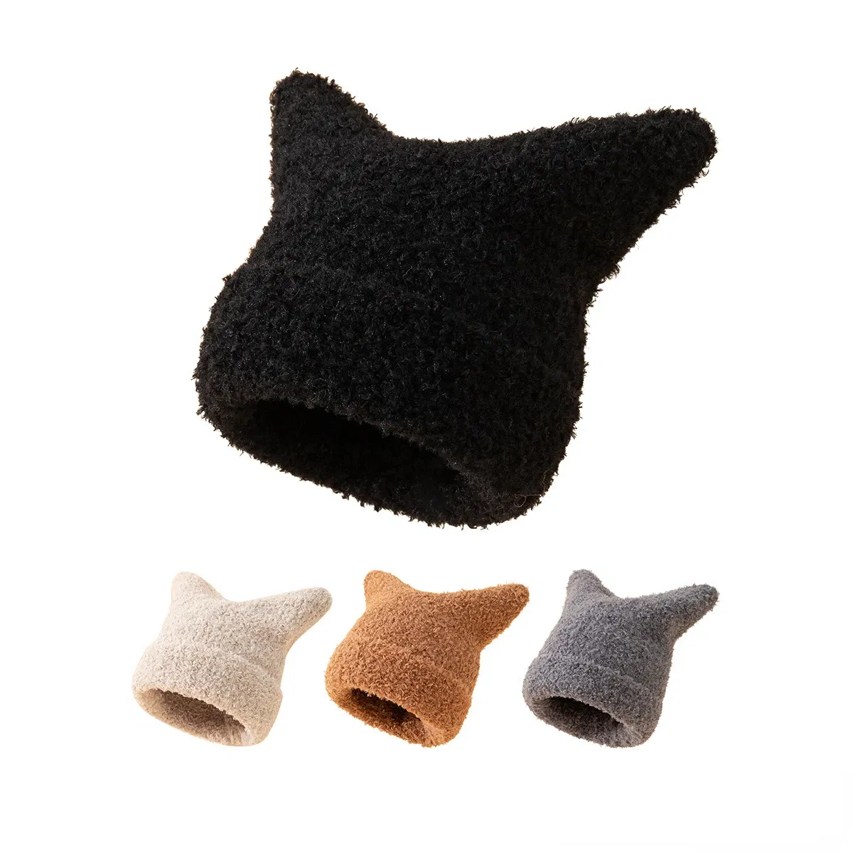 Color: WHITE, Size: One Size - Harajuku Beanie Hat for Women Girls Punk Gothic Cat Ear Knitted Hat Autumn and Winter Warm Striped Knitted Wool Cap