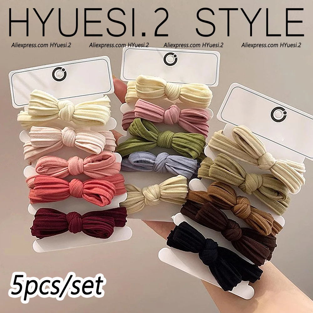 Color: Red - 5pcs/Set Simple Bow Hair Ties Ropes Colorful Elastic Seamless Ponytail Holder Rubber Band For Toddler Girls