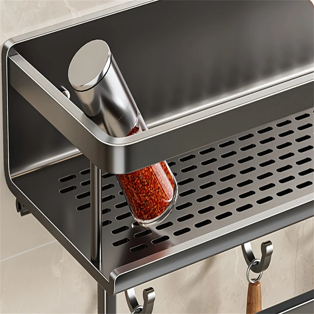 Color: plum - Multifunctional Kitchen and Bath Tray Wall-Mounted Aluminum Storage Rack Seasoning Bottle Storage Shelf Kitchen Storage Hooks