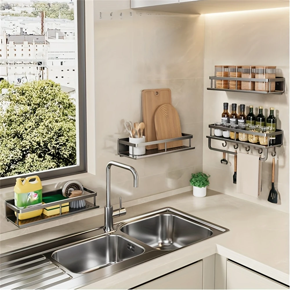 Color: plum - Multifunctional Kitchen and Bath Tray Wall-Mounted Aluminum Storage Rack Seasoning Bottle Storage Shelf Kitchen Storage Hooks