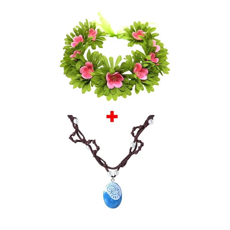 Color: green - Gilrs New Movie Moana 1&2 Wig and Necklace Flower Clip Dress Up Set Vaiana Costume Accessories Moana Pet Pig and Cock Xmas Gift