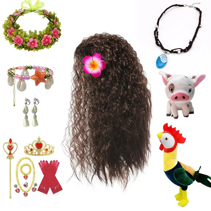 Color: green - Gilrs New Movie Moana 1&2 Wig and Necklace Flower Clip Dress Up Set Vaiana Costume Accessories Moana Pet Pig and Cock Xmas Gift