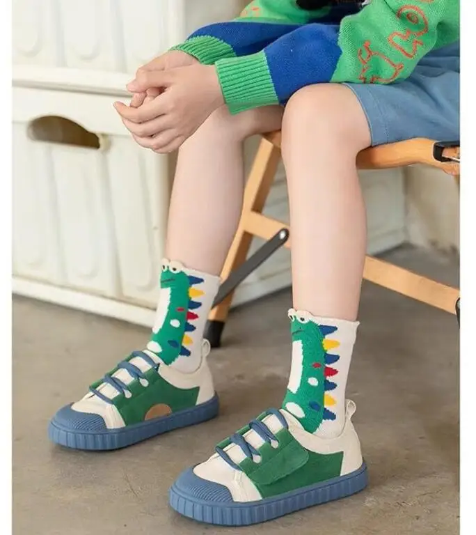 Color: SKY BLUE, Size: 2-3T - Children's Socks Autumn Boys Cartoon Dinosaur Socks 1-14T Kids Cotton Socks Student Sporty Socks 5 Pairs