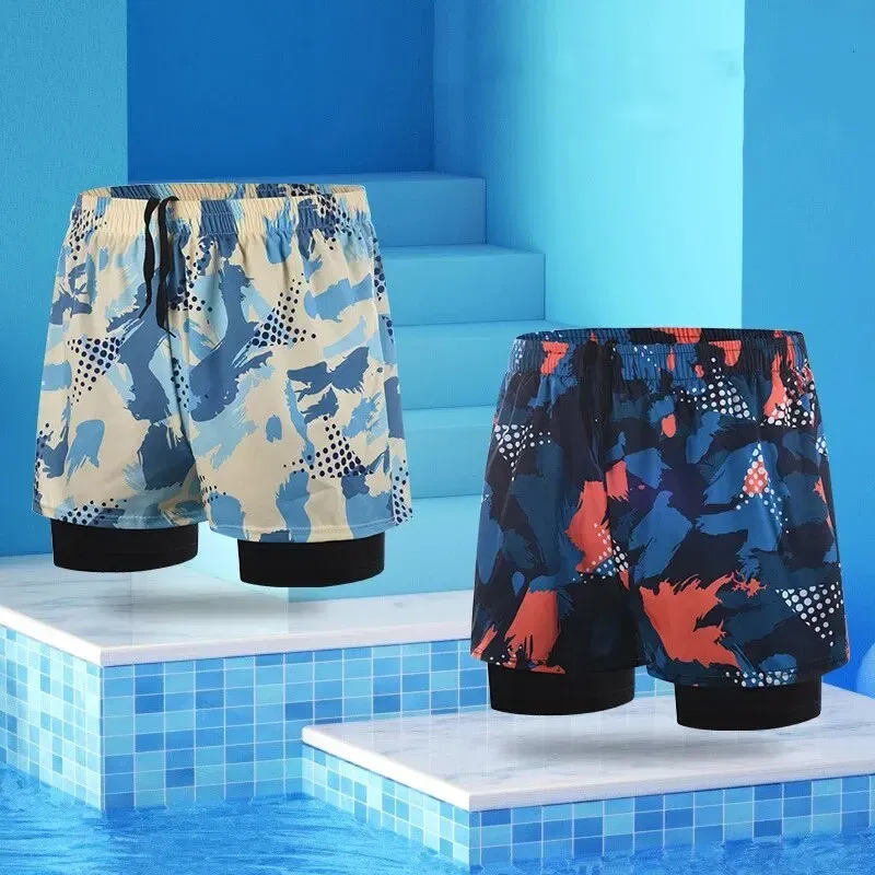 Size: 4XL, Color: Orange - Summer Men's New Quick-drying Double-layer Anti-embarrassment Loose Printed Adult Professional Swimming Trunks
