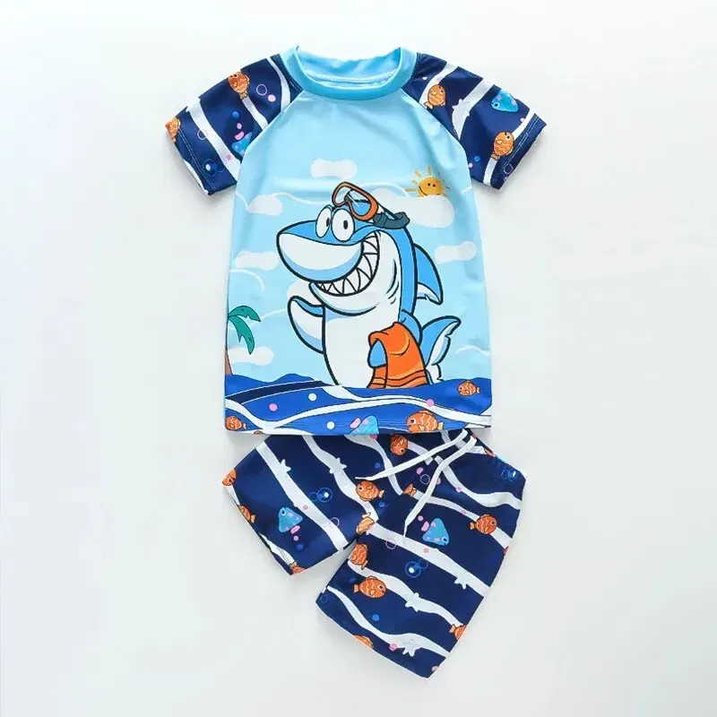 Size: 3T, Color: Blue - Summer Children's Swimsuit Boys Split Short Sleeve Medium Children Cartoon Cute Quick Drying Boys Swimsuit Set