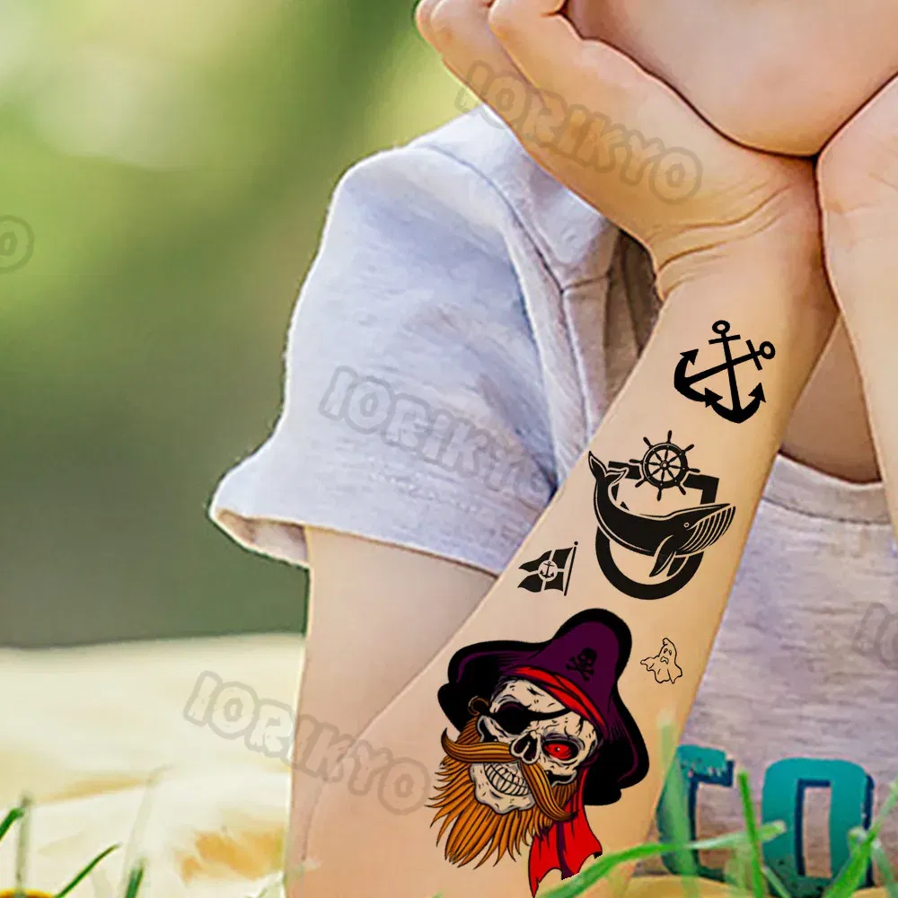 Color: DARK GRAY - Anchor Pirate Temporary Tattoos For Kids Toddler Boy Adult Men Women Black Whale Tattoo Sticker Fake Transfer Small Tatto Face