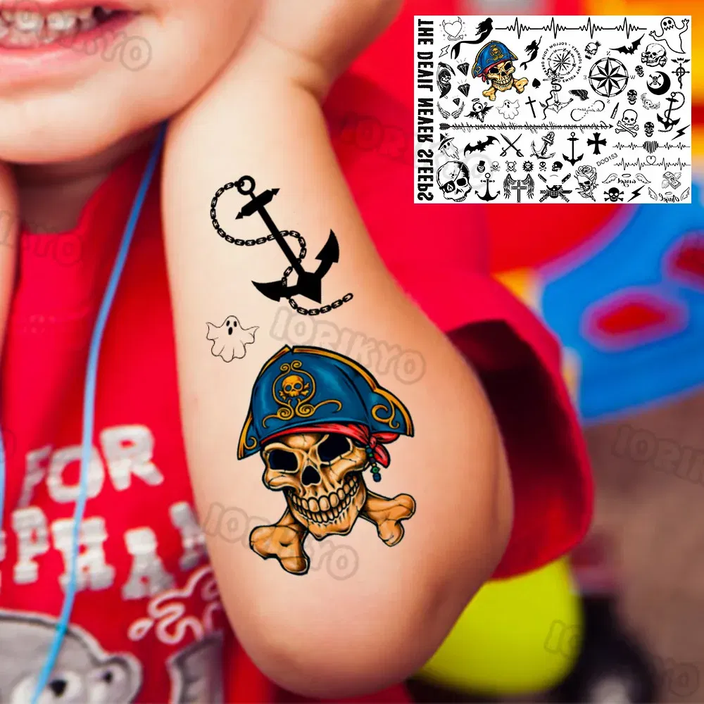 Color: DARK GRAY - Anchor Pirate Temporary Tattoos For Kids Toddler Boy Adult Men Women Black Whale Tattoo Sticker Fake Transfer Small Tatto Face