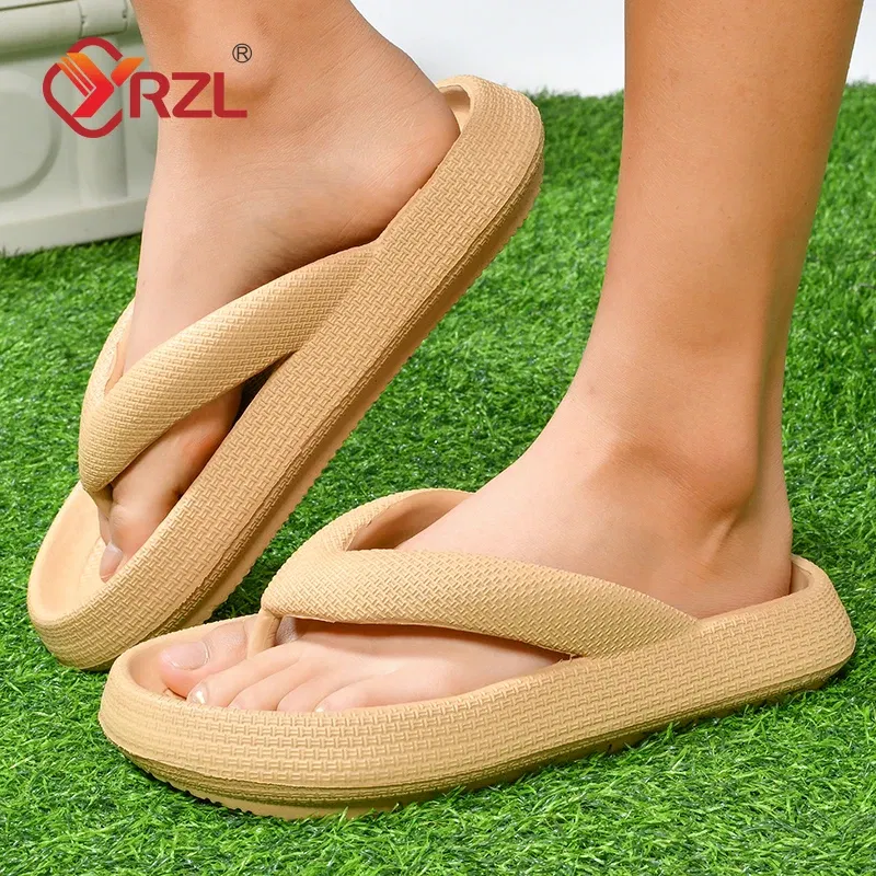 Color: Gold, Shoe Size: 44 - YRZL Flip Flops Men Soft Sole Platform 2024 Summer Beach Non Slip Women Slippers Coulple Thick Sole Bathroom Slides Sandals
