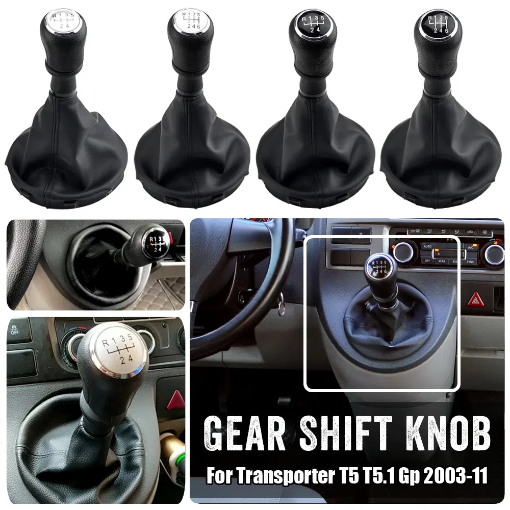 Color Name: WHITE - For VW Transporter Multivan Caravelle T5 2003 2004 2005 2006 2007 2008 2009 2010 Car 6 Speed Gear Stick Shift Knob Leather Boot