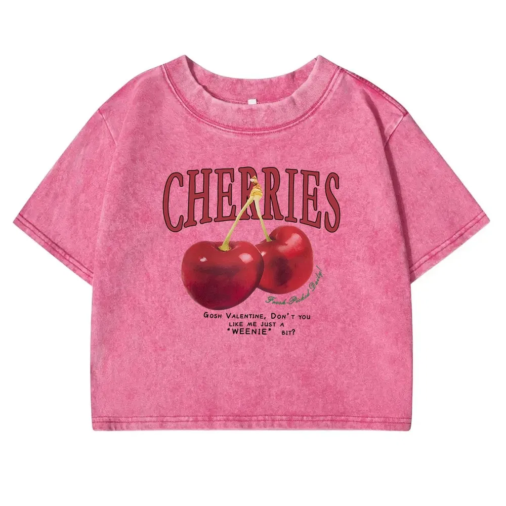 Color: Brown, Size: XXL - Red Cherries Letter Printed Female T-shirt Fashion Summer Washed Clothing Casual Cotton Crop Top Retro Tee Shirts For Women