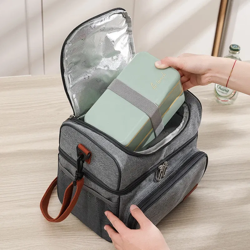 Color: SKY BLUE - Double Layer Lunchbox Storage Thermal Bag Large Capacity Tote Shoulder Food Drink Insulation Bags Outdoor Picnic Bento Lunch Bag