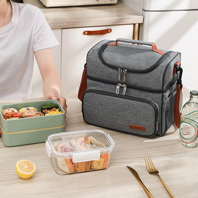 Color: SKY BLUE - Double Layer Lunchbox Storage Thermal Bag Large Capacity Tote Shoulder Food Drink Insulation Bags Outdoor Picnic Bento Lunch Bag