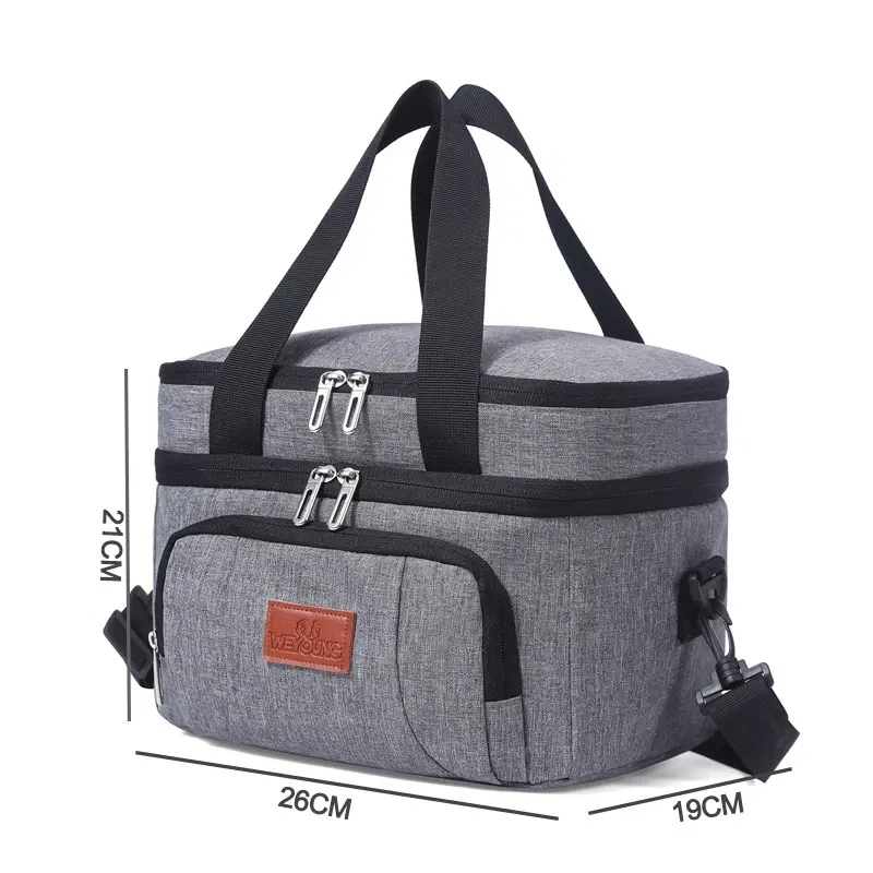 Color: SKY BLUE - Double Layer Lunchbox Storage Thermal Bag Large Capacity Tote Shoulder Food Drink Insulation Bags Outdoor Picnic Bento Lunch Bag