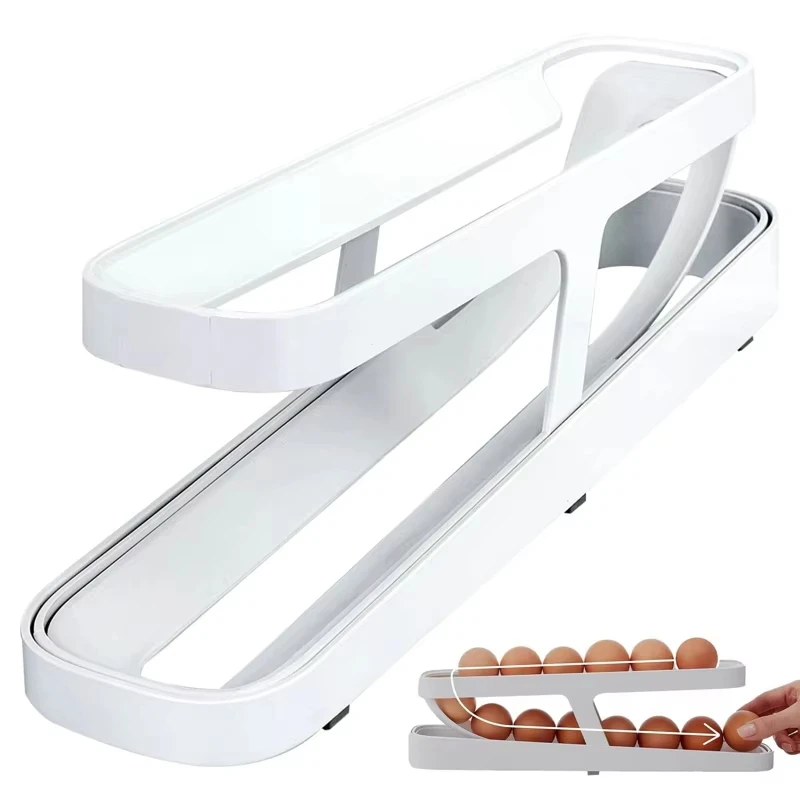 Color: Pink - Bilayer Fridge Egg Storage Box Automatic Rolling Eggs Holder Rack Ladder Style Refrigerator Eggs Dispenser Egg Organizers Holder