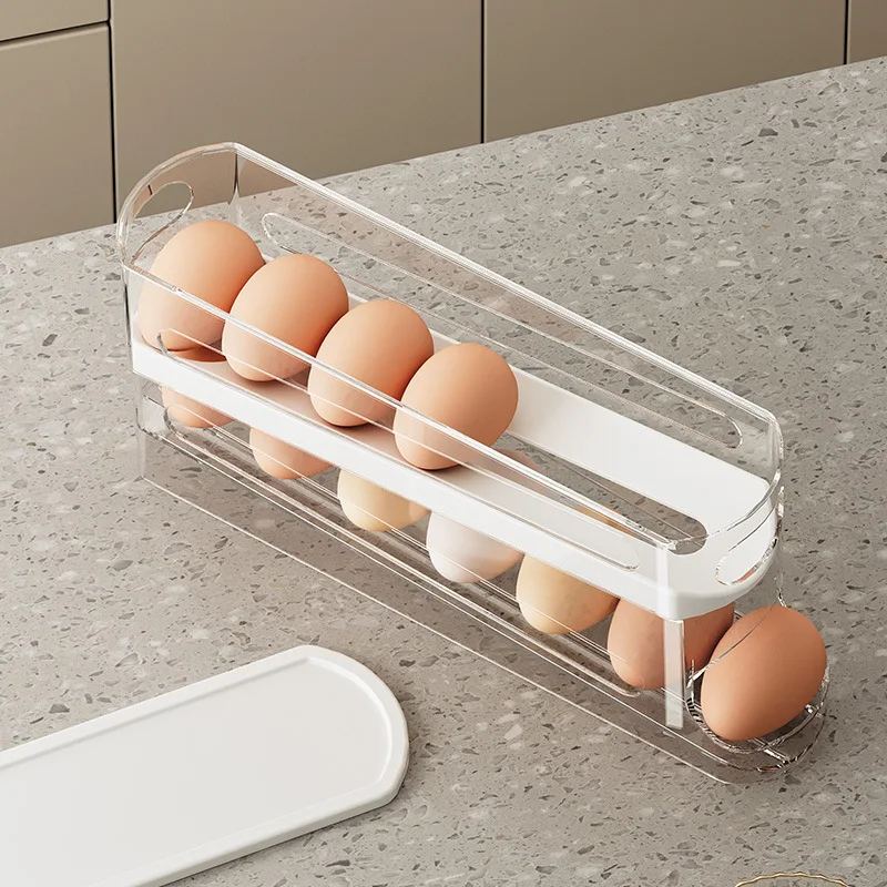 Color: Pink - Bilayer Fridge Egg Storage Box Automatic Rolling Eggs Holder Rack Ladder Style Refrigerator Eggs Dispenser Egg Organizers Holder