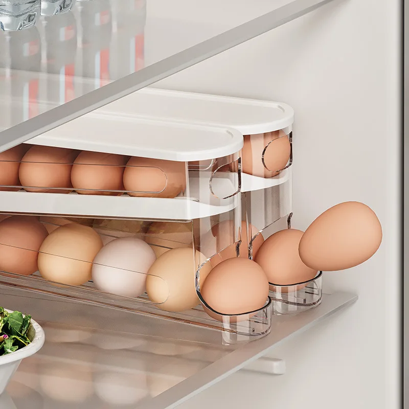 Color: Pink - Bilayer Fridge Egg Storage Box Automatic Rolling Eggs Holder Rack Ladder Style Refrigerator Eggs Dispenser Egg Organizers Holder