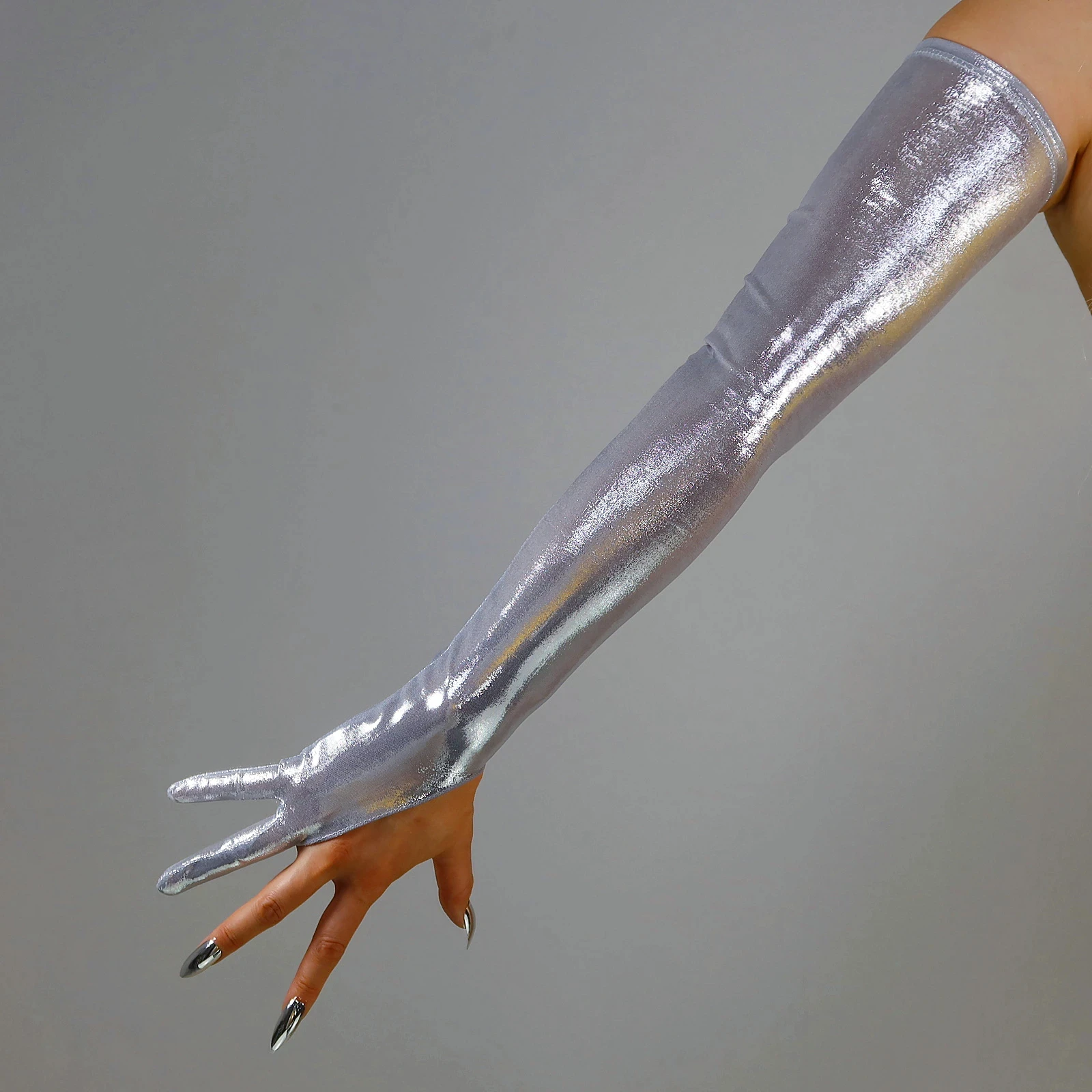 Color: black, Gloves Size: M - METALLIC LONG GLOVES Fingerless Silver 28" 70cm Liquid Shine Glow Thin Slim Touchscreen TECH FOIL Evening Cosplay Fashion Glove