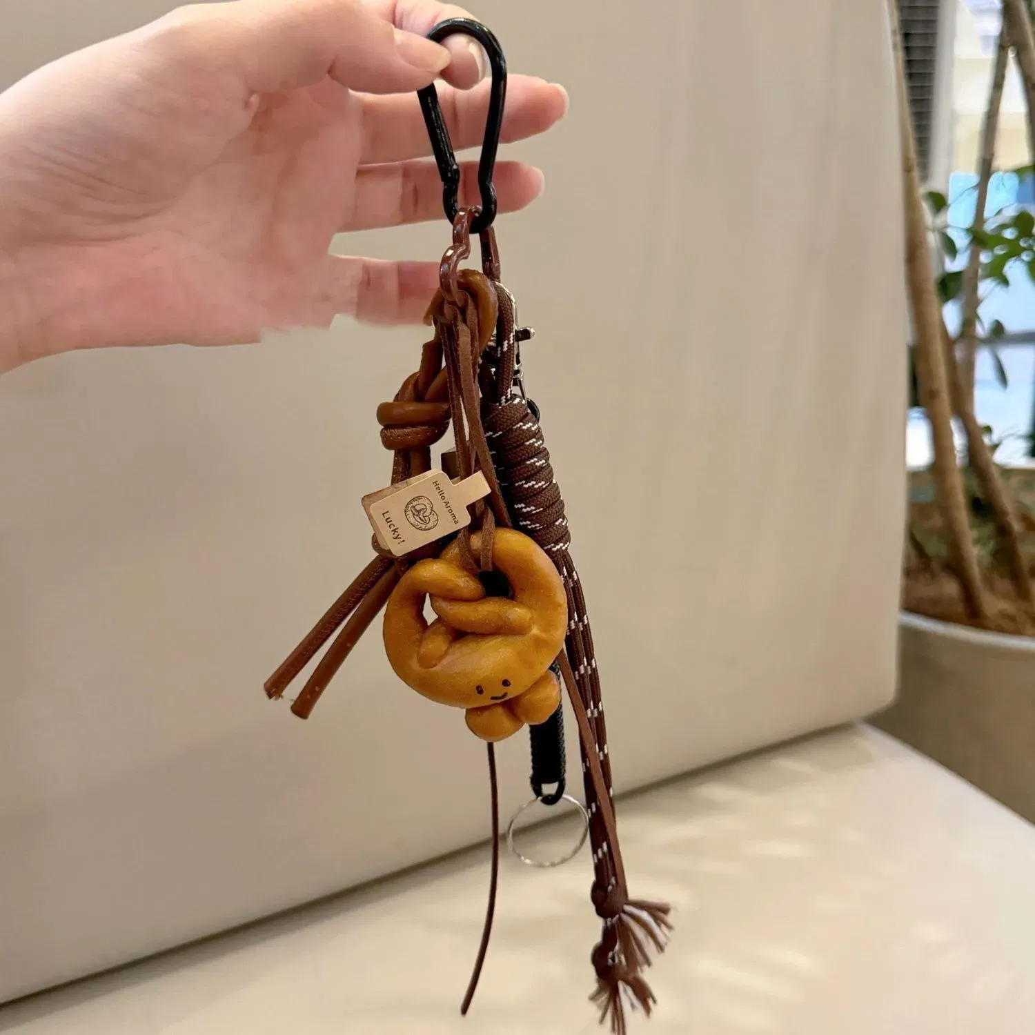 Color: Beige - DIY Bag Pendant Creative Bread Weaving Rope Colorful Nylon Lanyard Car Keychain Couple Multi-purpose Bag Hanging Accessories