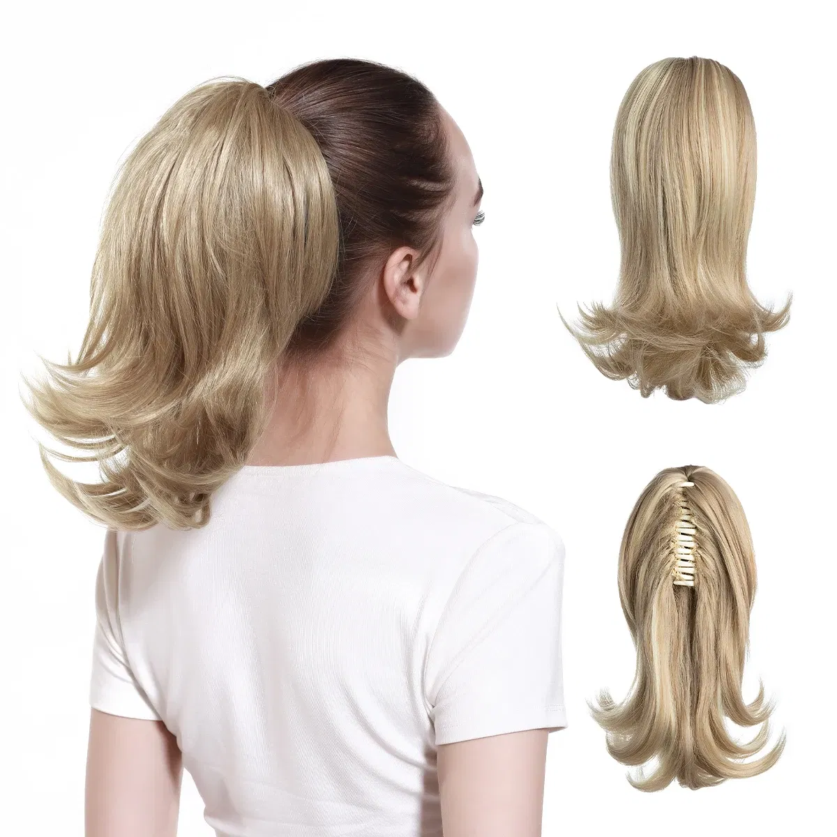 Color: T27/30/4, Stretched Length: 12inches - Synthetic Claw Clip In Ponytail Hair Extensions Hairpiece Horse Tail Fake Hair Wavy Blonde False Pigtail With Elastic Band
