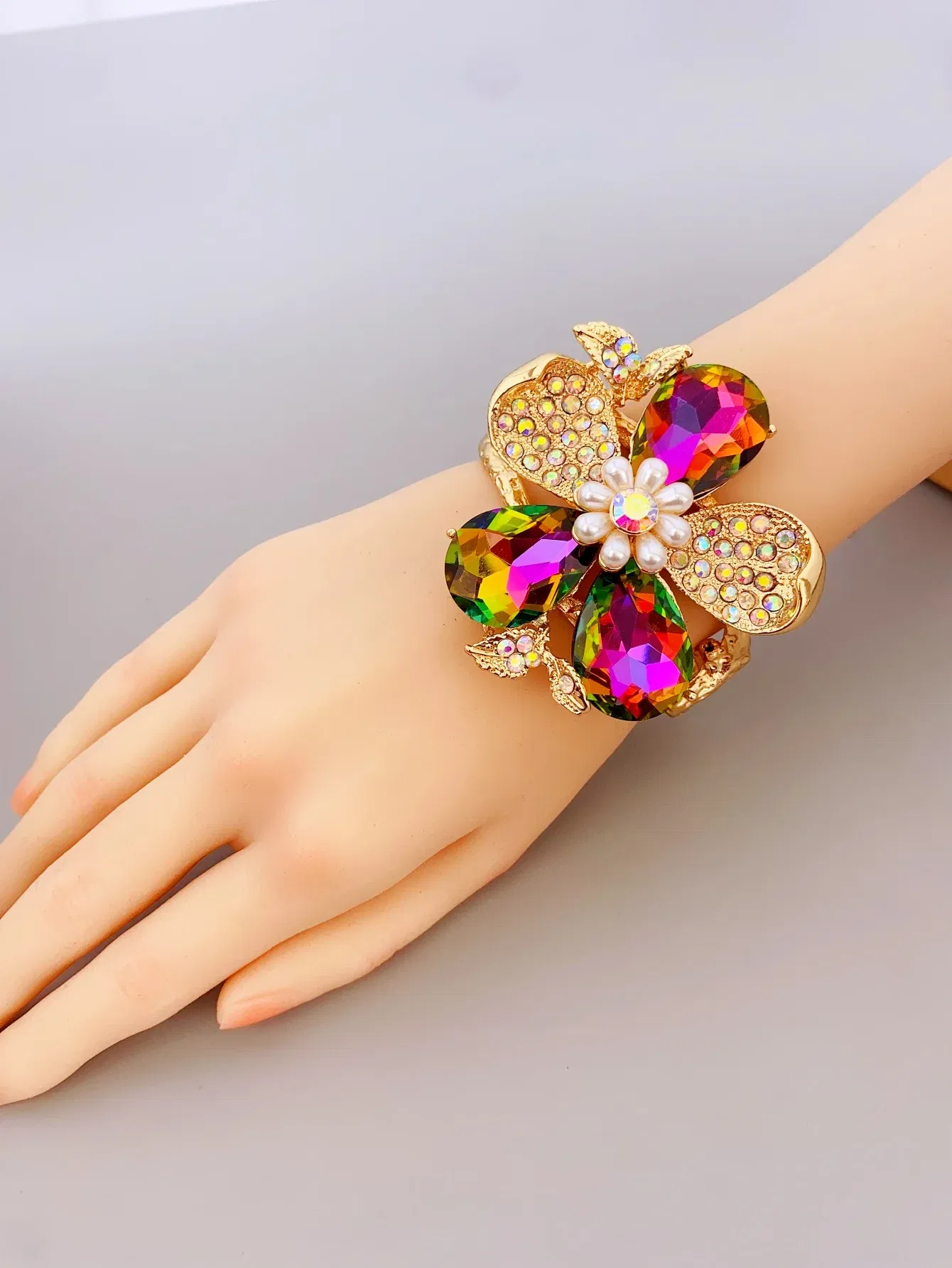Metal Color: Light Yellow Gold Color - Exaggerated Zinc Alloy Flower Bracelet for Women in Various Occasions bracelets for women