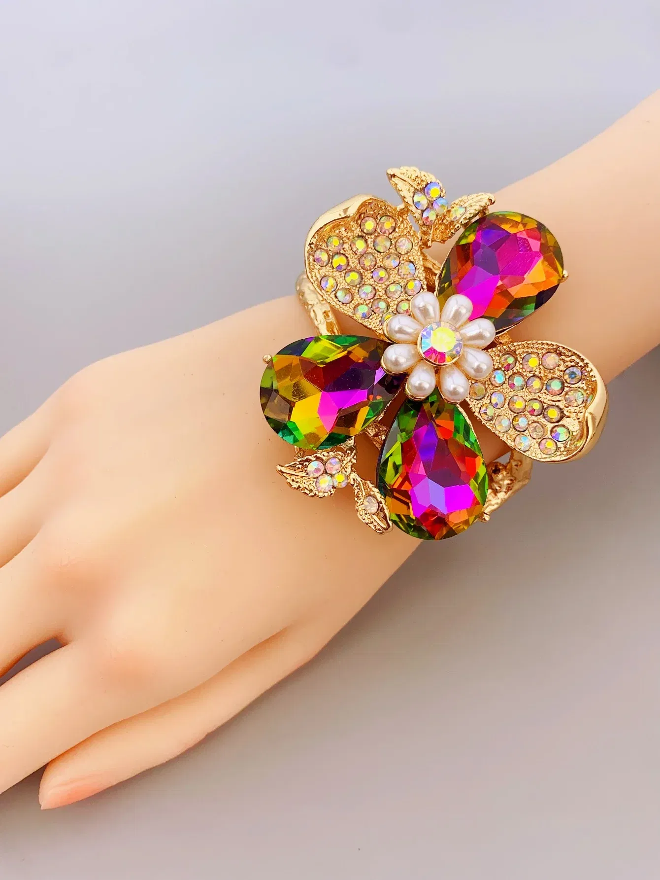 Metal Color: Light Yellow Gold Color - Exaggerated Zinc Alloy Flower Bracelet for Women in Various Occasions bracelets for women