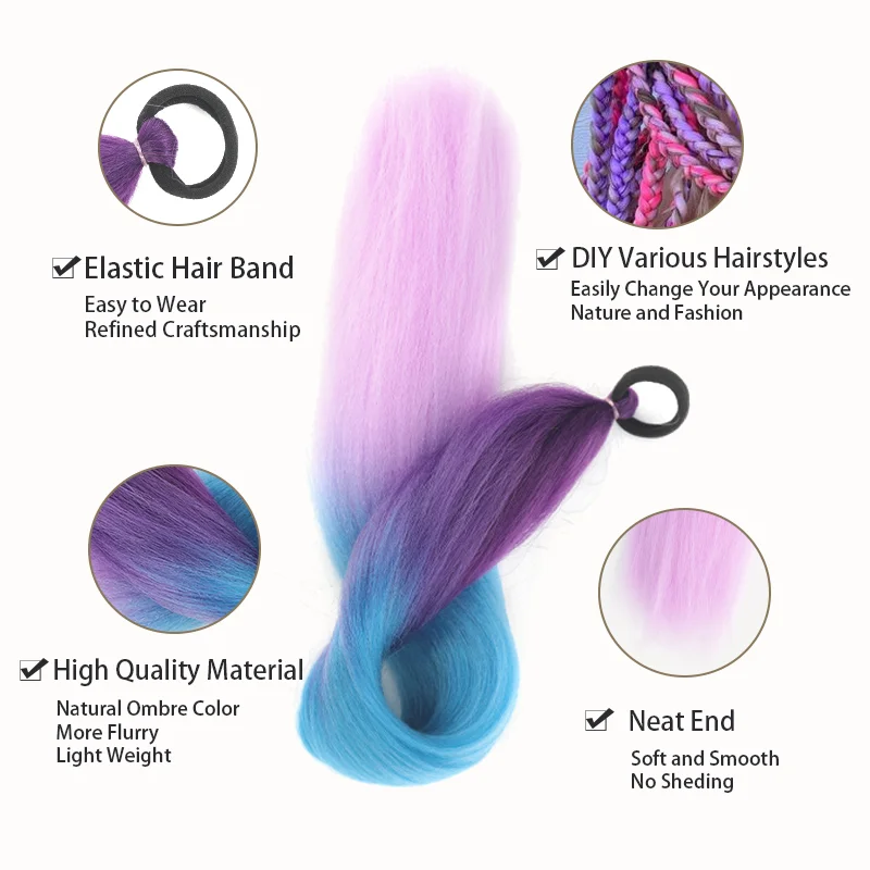 Color: P1B/27, Stretched Length: 26inches - LUPU Synthetic Ponytail Extension with Elastic Tie Hair Band 26" Long Straight Colored Braiding Ponytail Ombre Pink Purple Blue