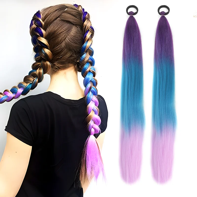 Color: P1B/27, Stretched Length: 26inches - LUPU Synthetic Ponytail Extension with Elastic Tie Hair Band 26" Long Straight Colored Braiding Ponytail Ombre Pink Purple Blue