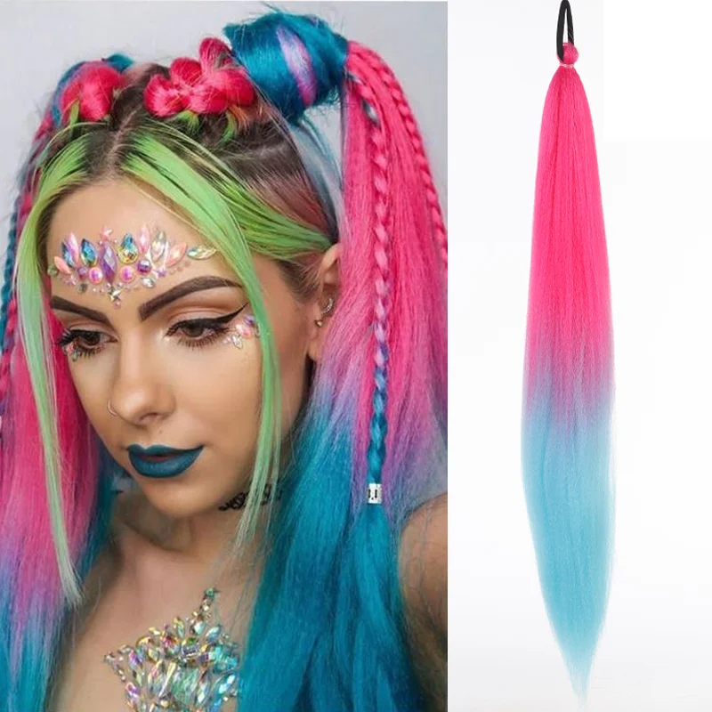 Color: P1B/27, Stretched Length: 26inches - LUPU Synthetic Ponytail Extension with Elastic Tie Hair Band 26" Long Straight Colored Braiding Ponytail Ombre Pink Purple Blue