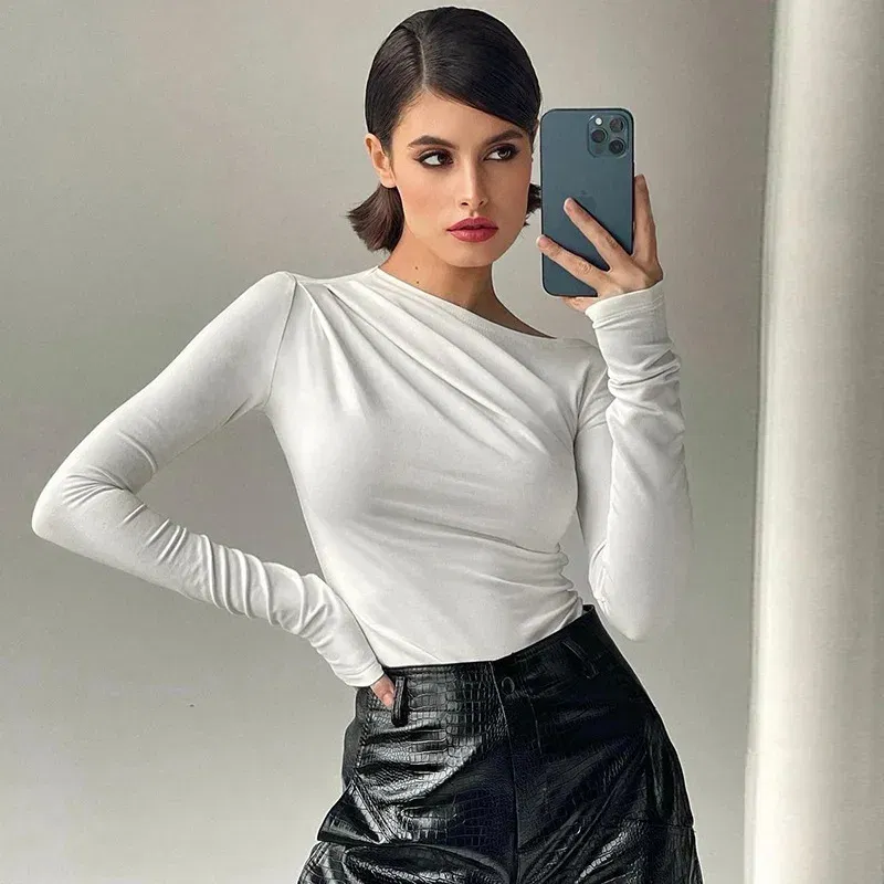 Color: WHITE, Size: S - Long Sleeve Top White T-Shirts Women Basic Crop Top Autumn Pollover Solid Skew Neck T Shirt Streetwear Basic Black Y2K Tees