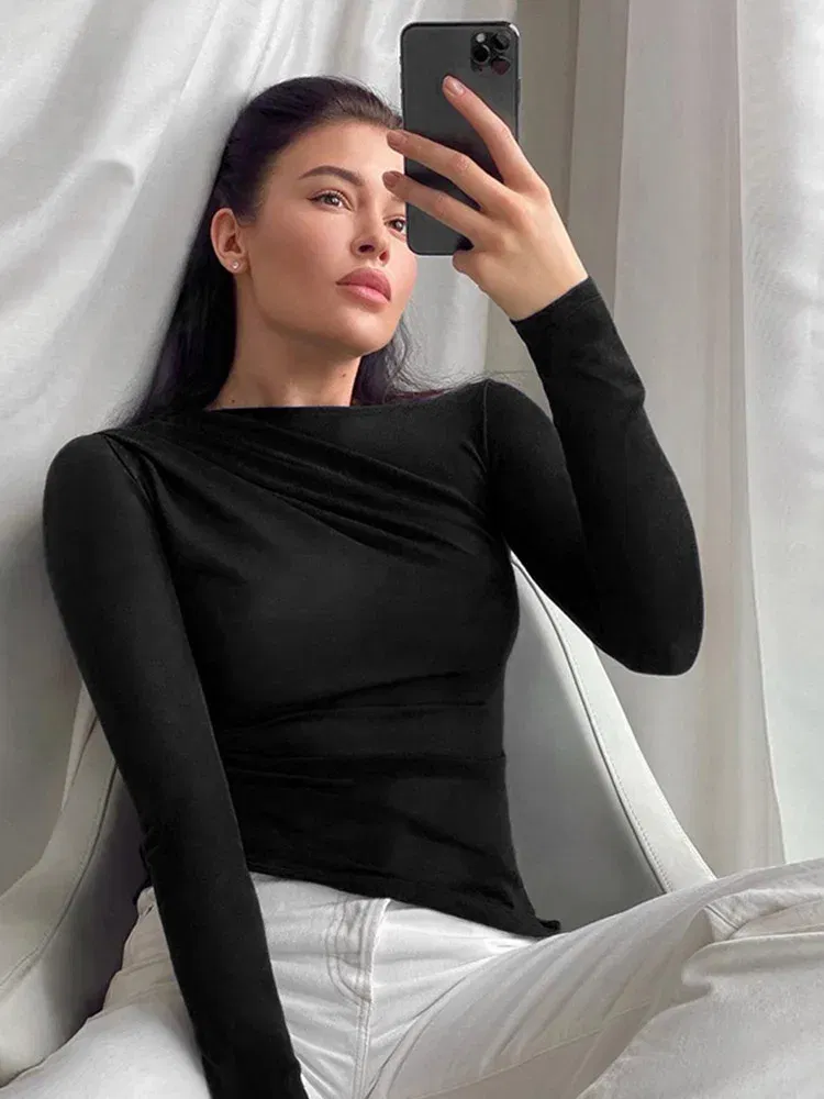 Color: WHITE, Size: S - Long Sleeve Top White T-Shirts Women Basic Crop Top Autumn Pollover Solid Skew Neck T Shirt Streetwear Basic Black Y2K Tees
