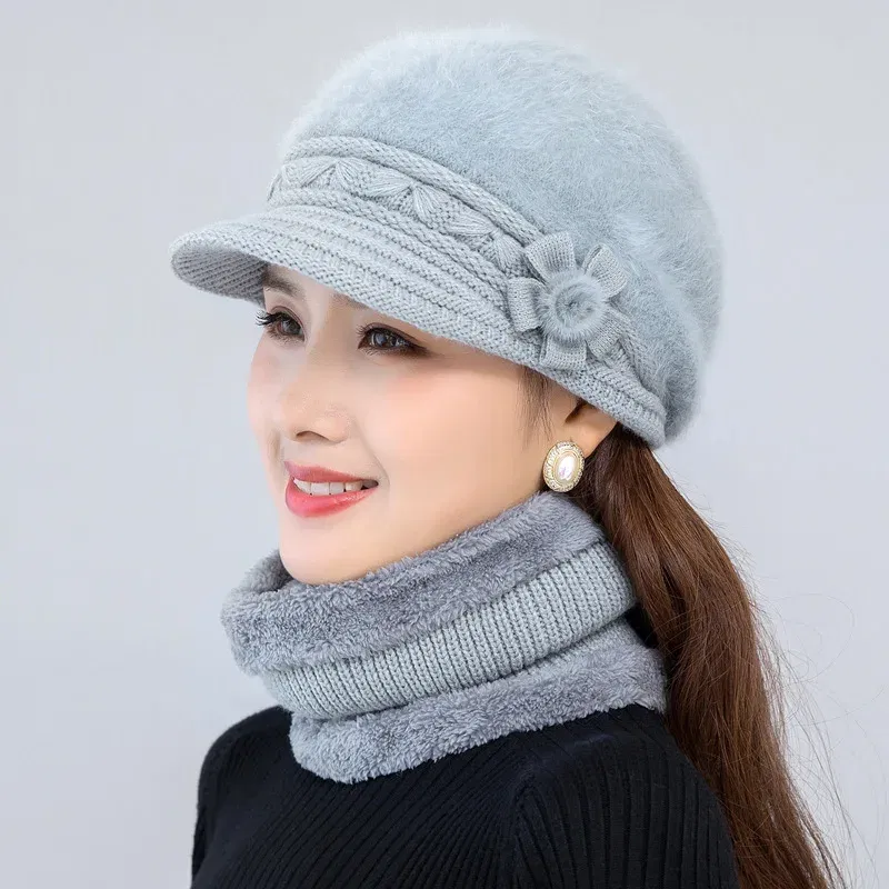 Color: green - New Women Winter Hat Keep Warm Cap Add Fur Lined Hat & Scarf Warm Set Fashion Hat For Women Casual Faux Fur Flower Knitted Hat