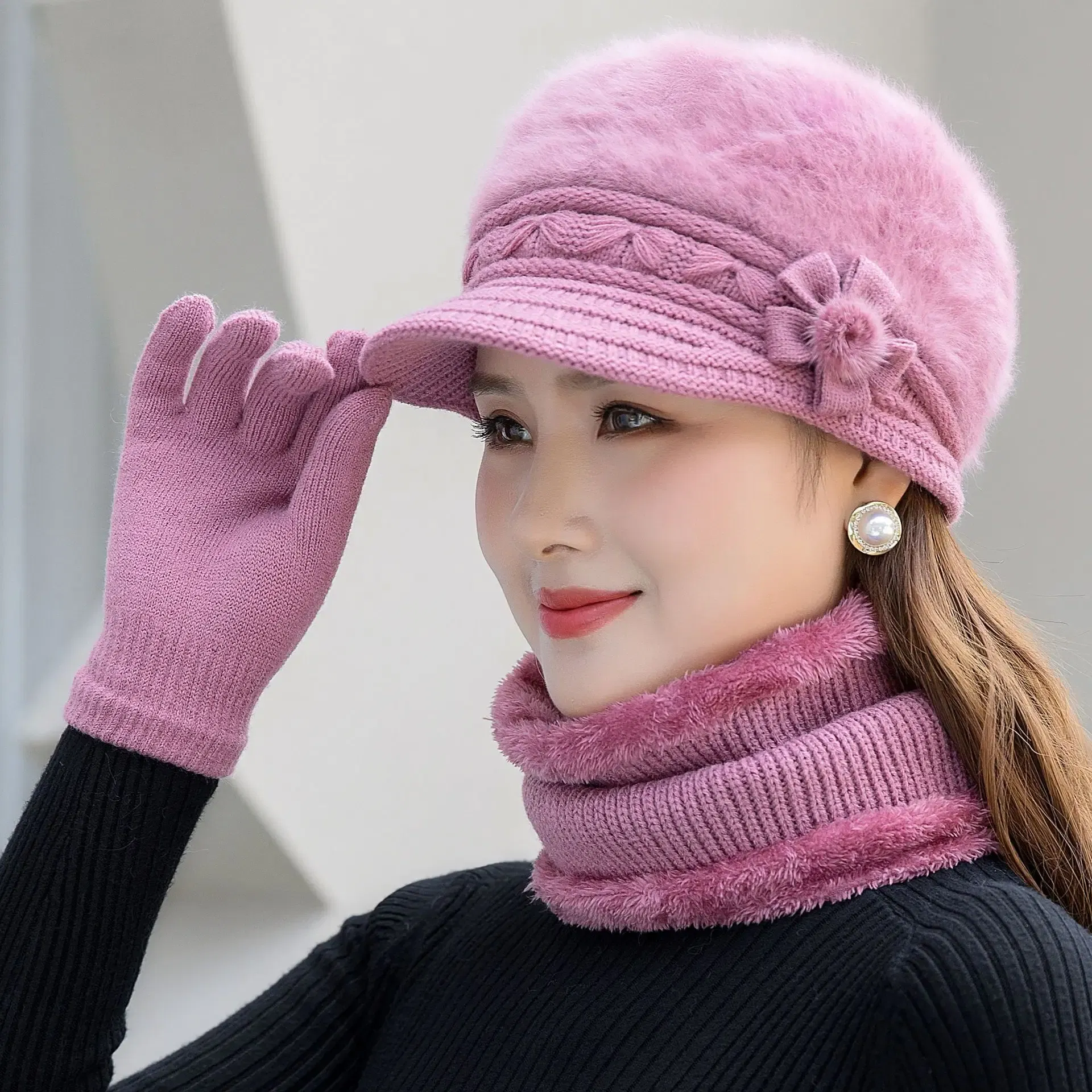 Color: green - New Women Winter Hat Keep Warm Cap Add Fur Lined Hat & Scarf Warm Set Fashion Hat For Women Casual Faux Fur Flower Knitted Hat