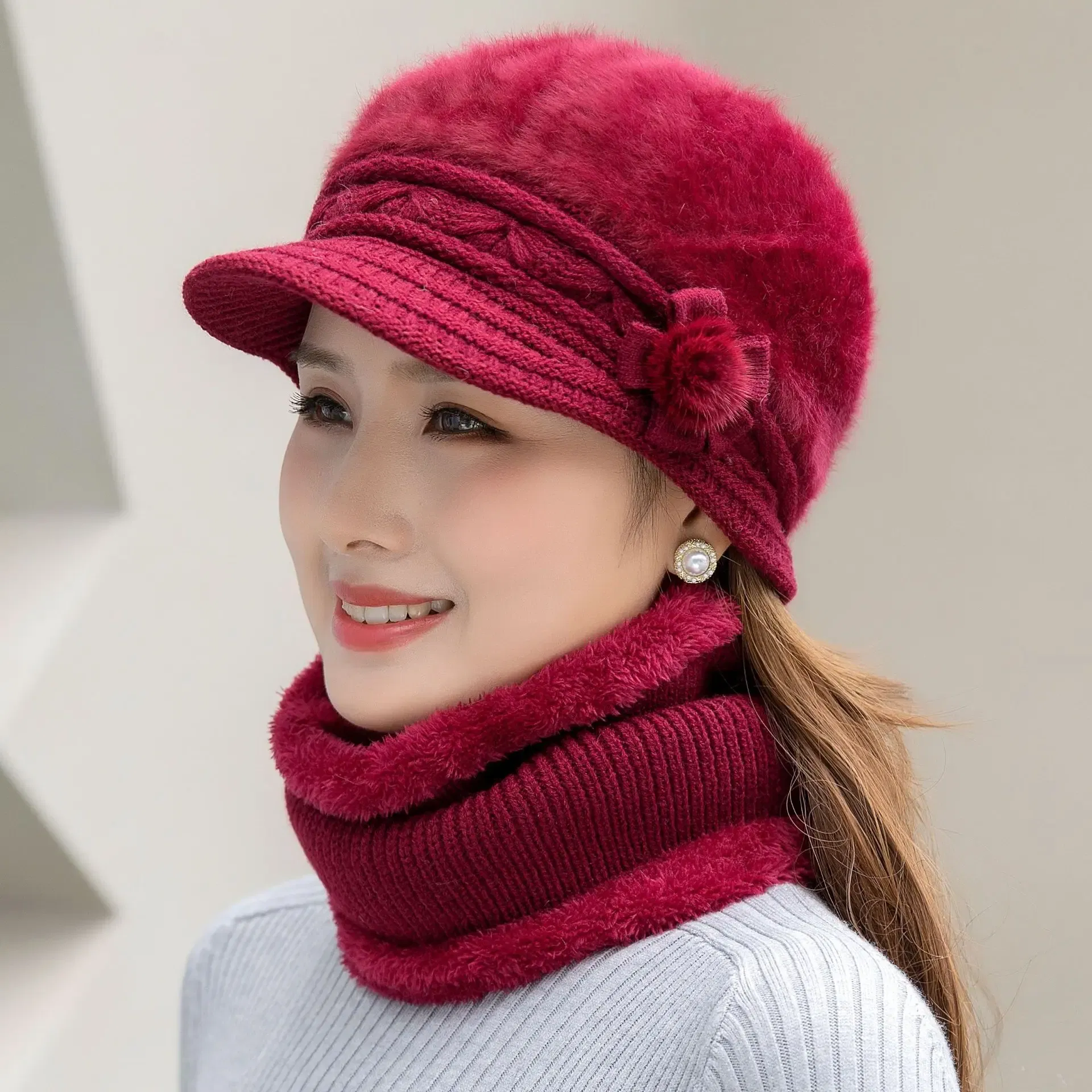 Color: green - New Women Winter Hat Keep Warm Cap Add Fur Lined Hat & Scarf Warm Set Fashion Hat For Women Casual Faux Fur Flower Knitted Hat