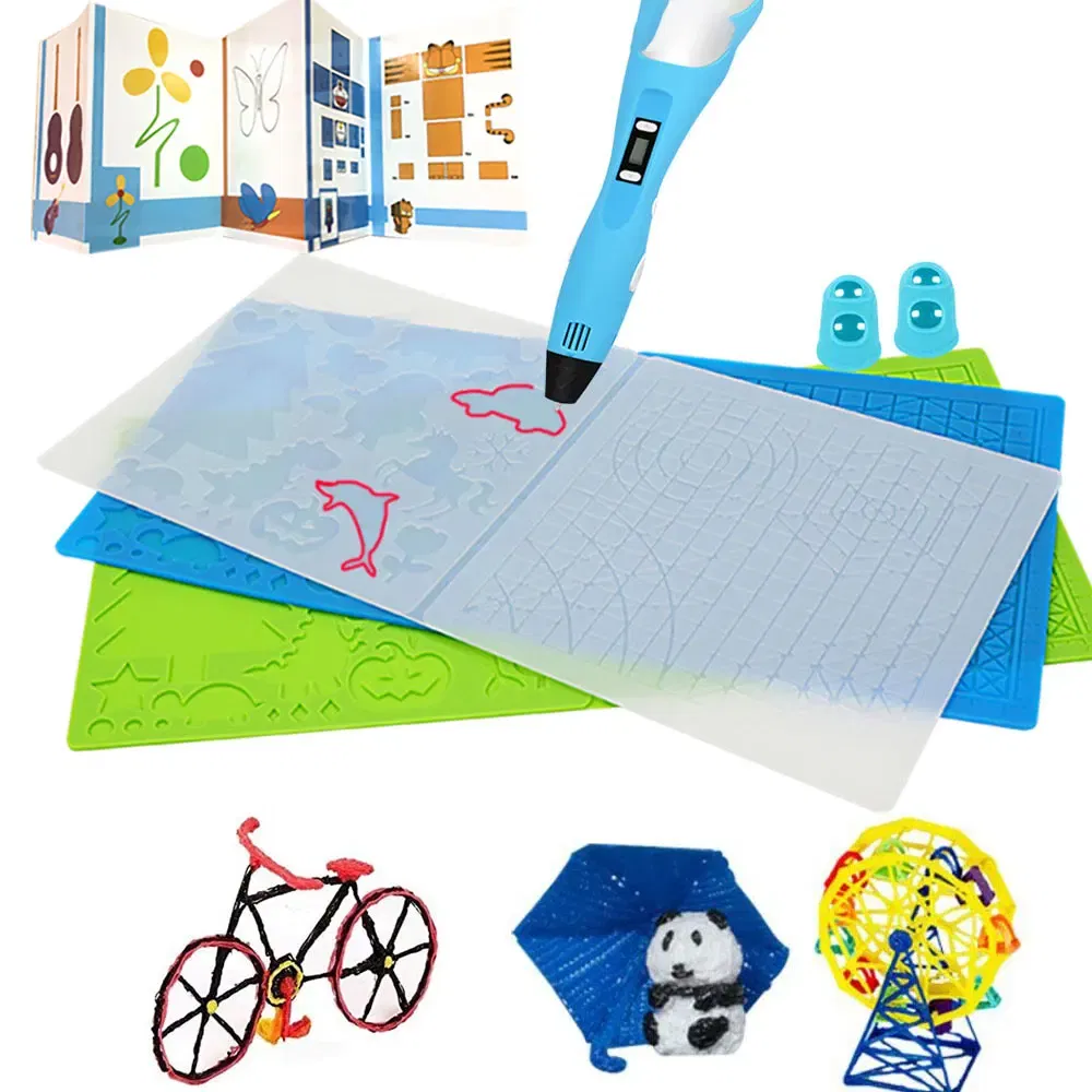 color: green - Silicone Design Rubber Pad for 3D Printing Pen with 2 Finger Protectors Template Drawing Tools for Kids Adults Drawing DIY Tools