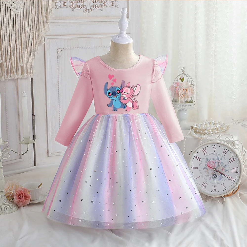 Color: army green, Kid Size: 6 - Stitch Princess Dress Autumn New Disney Baby Girls Dress Spring Autumn Long-sleeved For Children Kids Clothes Birthday Party