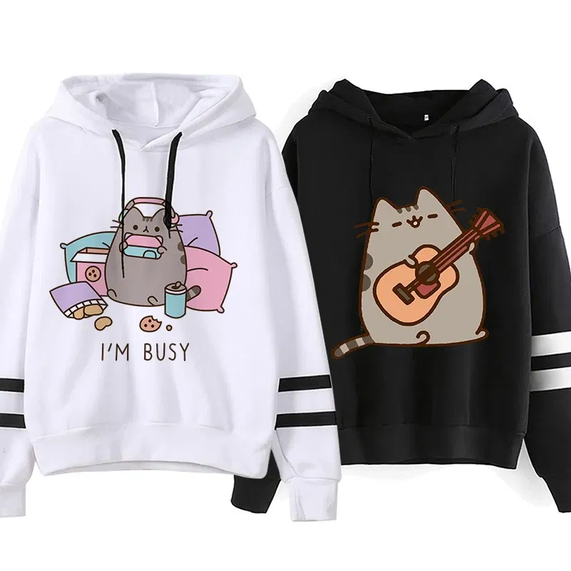 Color: black, Size: M - Women Ullzang Cute Cat Funny Cartoon Sweatshirt Pusheen Cat Kawaii Harajuku Korean Style Hoodies Graphic Fashion Hoody Female