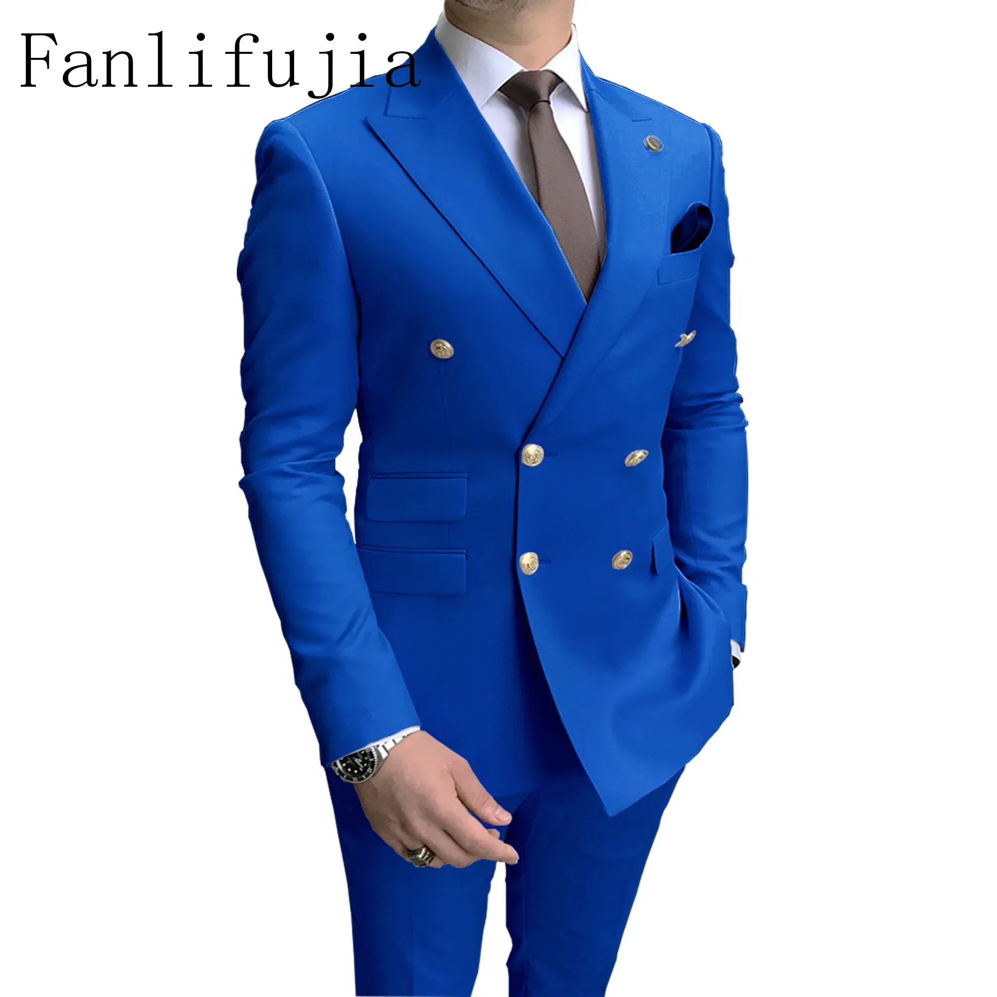 Color: ROYAL BLUE, Size: L - Fanlifujia Store 2024 Casual Sky Blue Men Suits Double Brested Peak Lapel Gold Button Groom Wedding Tuxedos Best Costume Homme