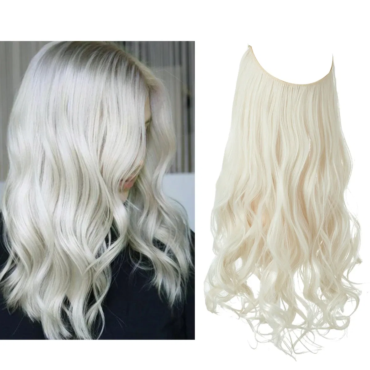 Color: T1B/33, Stretched Length: 22INCHES - Synthetic No Clip Wave Hair Extensions Ombre Natural Black Blonde Pink One Piece False Hairpiece Fish Line Fake Hair Piece