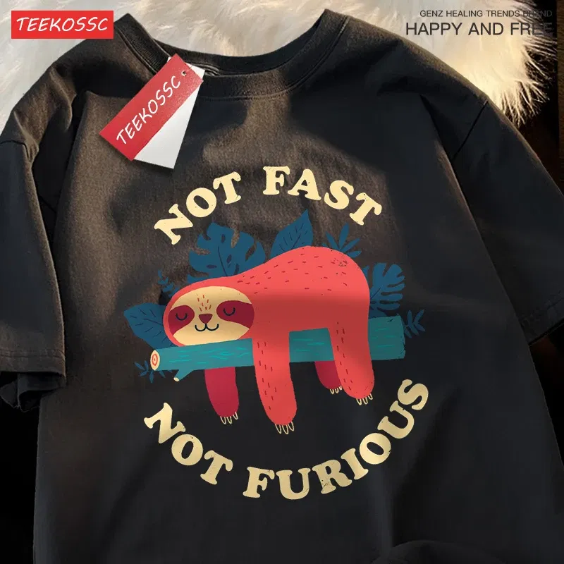 Color: Dark Grey, Size: XXXL - Not Fast Not Furious Cute Sloth Male T Shirts Hip Hop Crewneck Short Sleeve Summer Cotton Tops Casual Sweat Oversized T-Shirts
