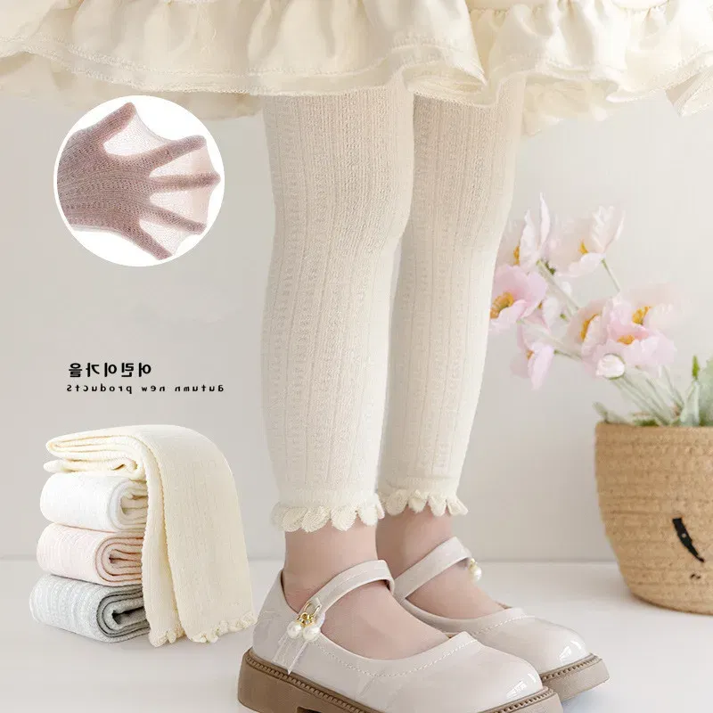 Color: WHITE, Size: 92, Ships From: CHINA - Summer Spring Mesh Baby Girls Stretch Leggings Cotton Solid Ruffle Edge Toddler Kids Pants