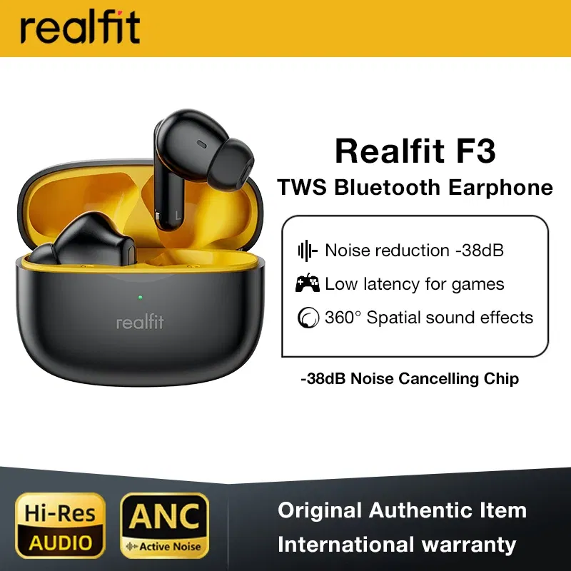 Color: black - Realfit F3 ANC Active Noice Cancellation Bluetooth Earphones ENC Call HIFI Stereo Superb Bass Wireless Earbuds Sport Gaming
