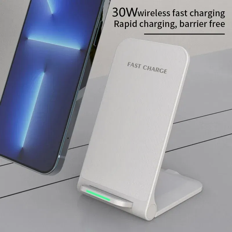 Color: silver - 30W Wireless Charger Stand Pad for iPhone 15 14 13 12 11 Pro Samsung Xiaomi Phone Chargers Induction Fast Charging Dock Station