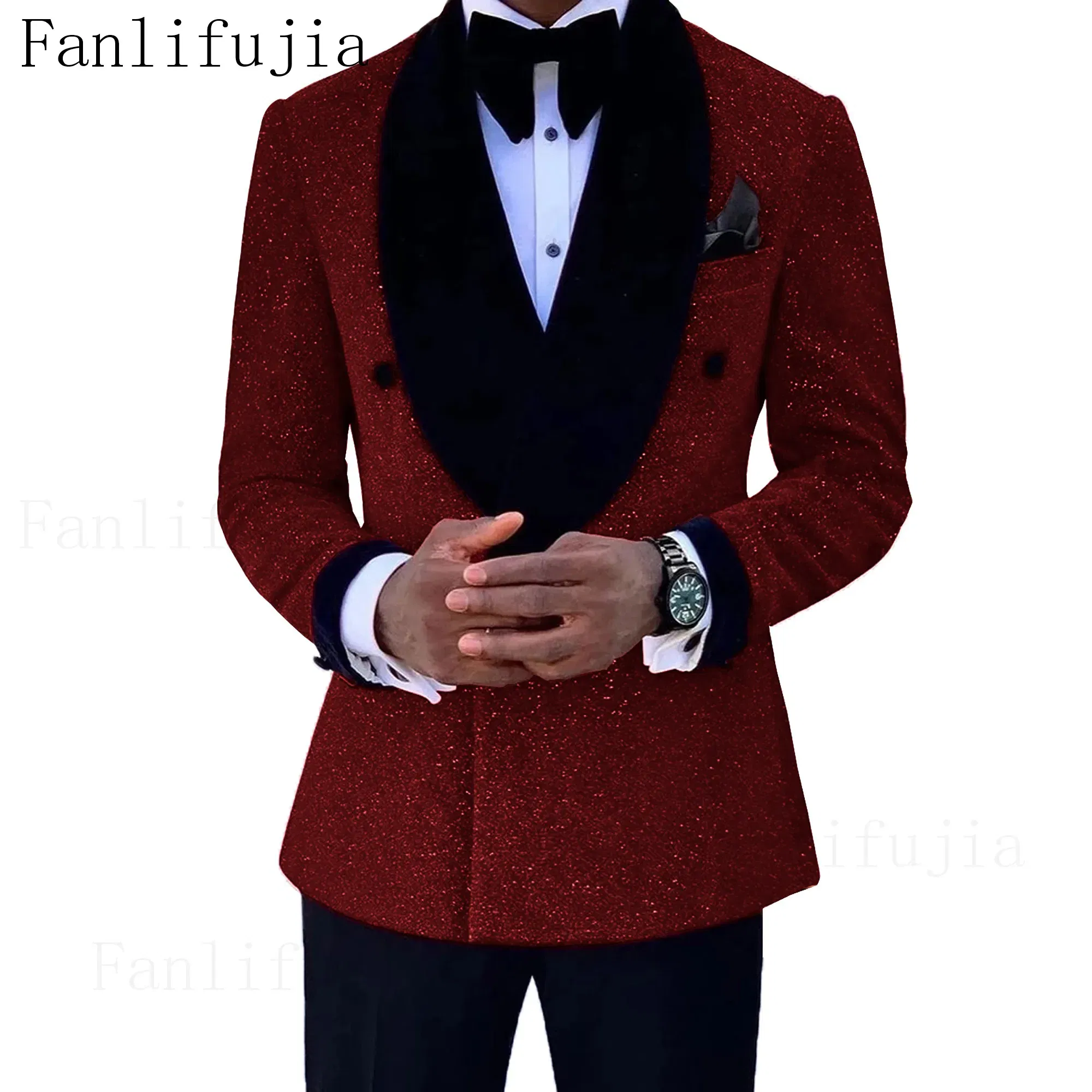 Color: Burgundy, Size: L - Fanlifujia Luxury Red Glitter Suits Men Groom Wedding Tuxedo Double Breasted Blazer Formal Evening Party Prom Dress 2 Pieces Set